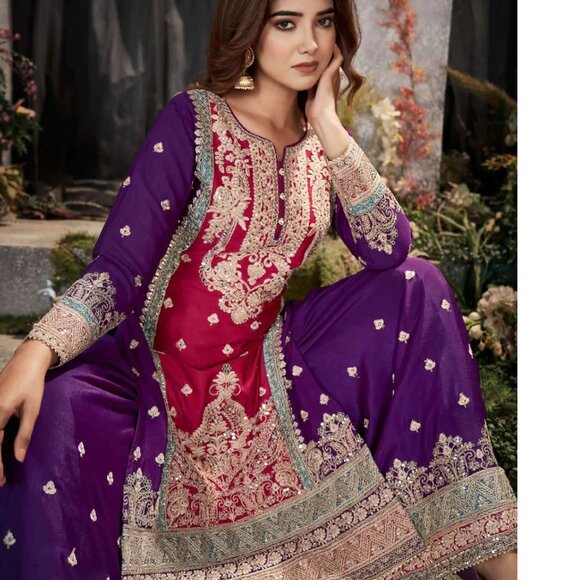 Pakistani  Party Wear Vibrant Pink Multicolor Mirror Embroidered Palazzo Suit - Picture 3 of 4